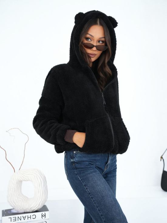 Fekete színű kapucnis szabadidőfelső cipzárral