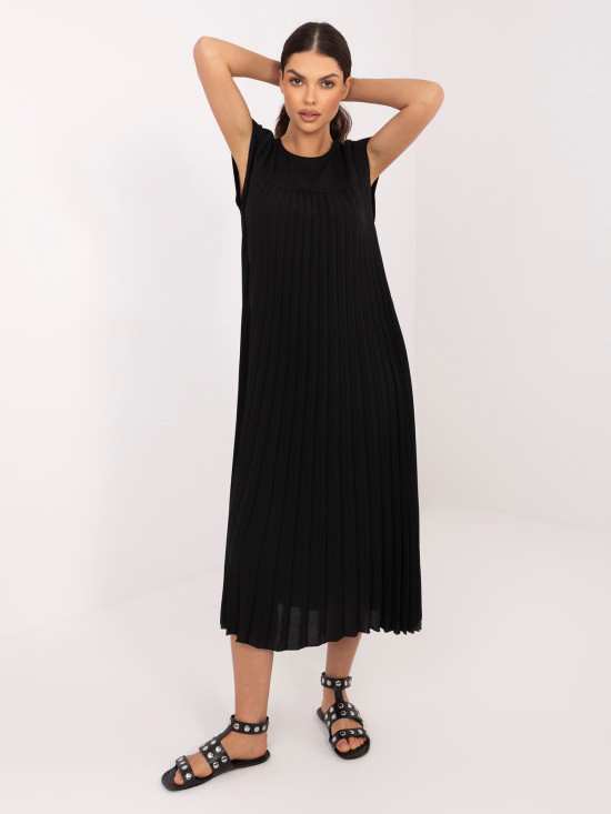 Fekete színű midi koktélruha zsebekkel