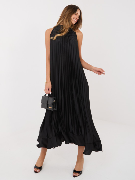 Fekete színű koktél midi ruha megkötővel és fodorral