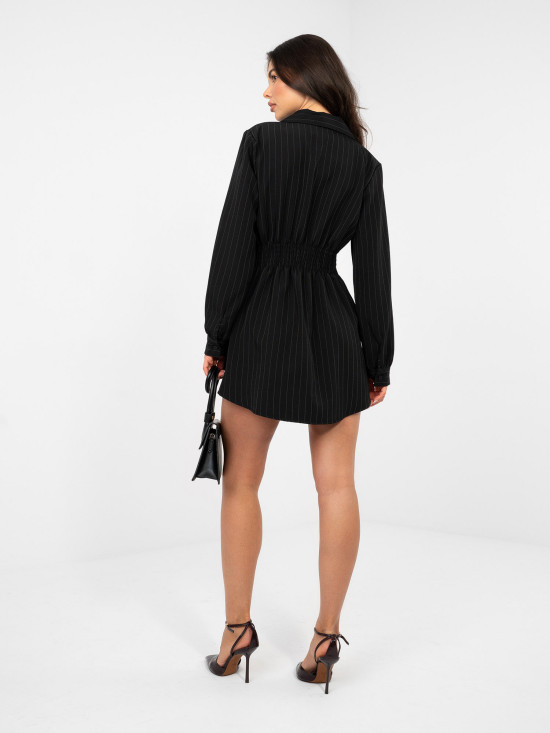 Fekete színű mini ingruha gallérral és csíkos mintával