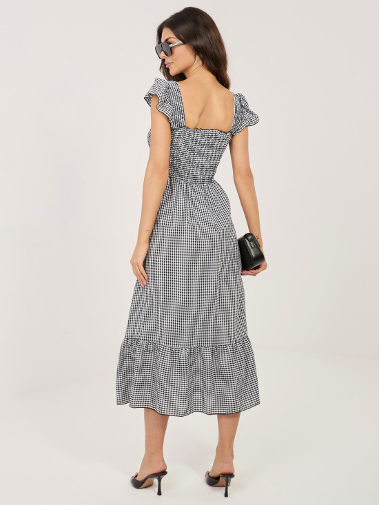 Fekete színű midi ruha fodorral és kockás mintával