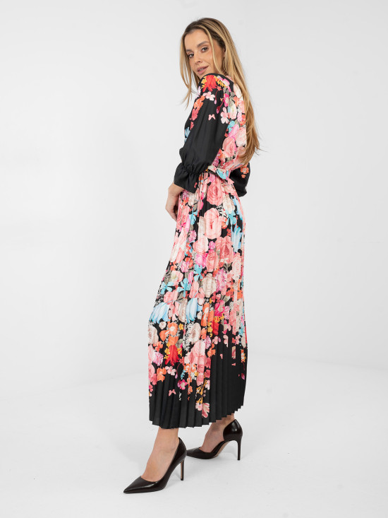 Fekete színű virágmintás maxi ruha övvel