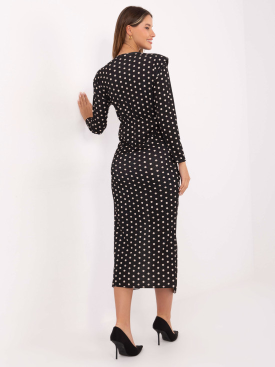 Fekete színű pöttyös midi ceruza ruha átlapolt dekoltázzsal