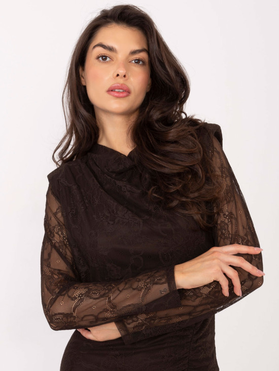 Elegáns barna színű midi ceruzaruha csipkével