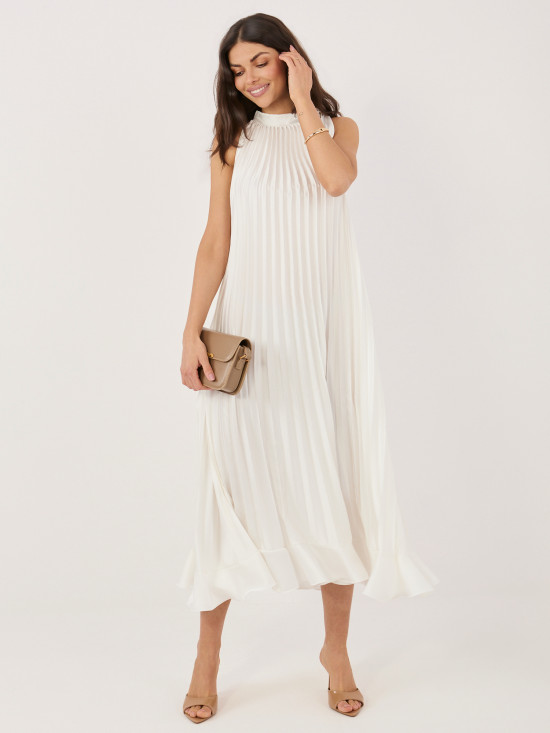Elegáns midi ruha fodorral és megkötővel - ekrü színű