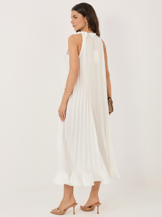 Elegáns midi ruha fodorral és megkötővel - ekrü színű