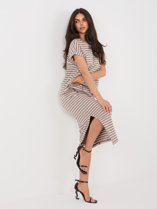 Bézs midi szoknya csíkos mintával és zsebekkel