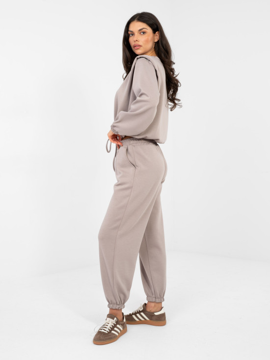 Női sötétbézs színű szett megkötéssel és hosszú ujjakkal