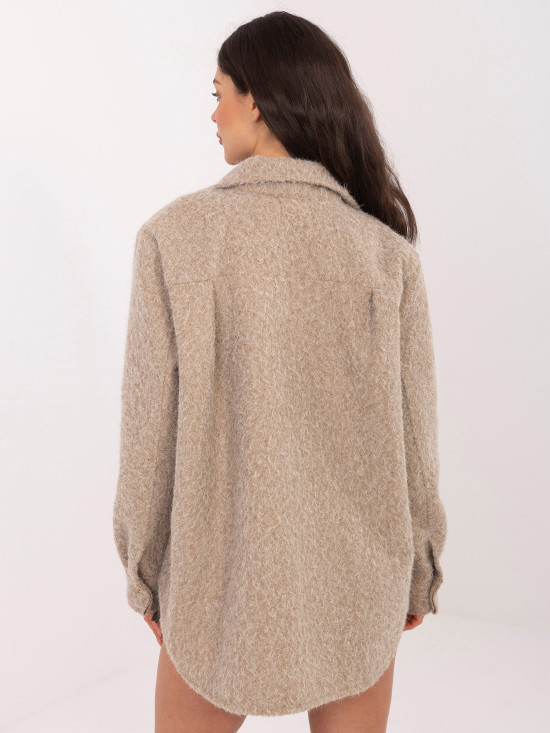 Sötétbézs színű átmeneti dzseki gallérral és zsebekkel