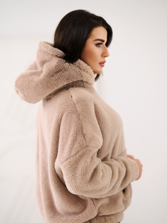 Bézs kapucnis pulóver zsebbel