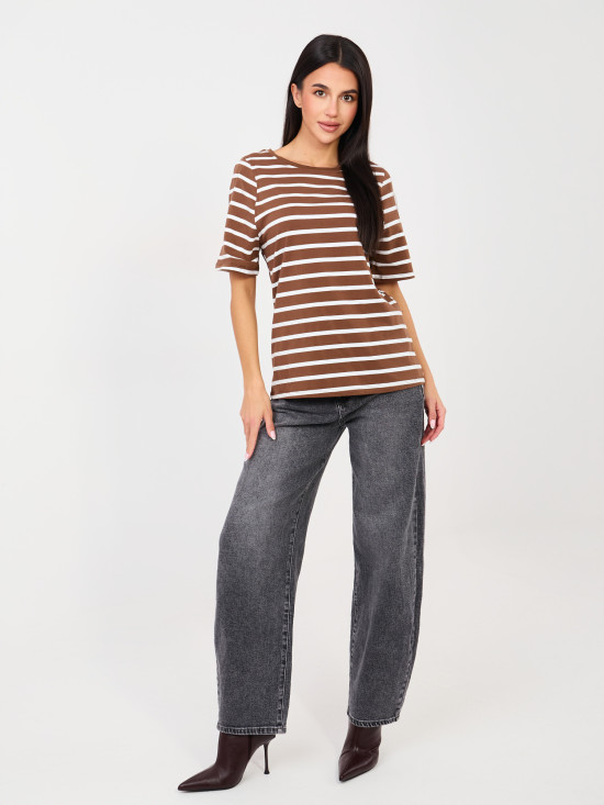 Bézs színű csíkos rövid ujjú póló