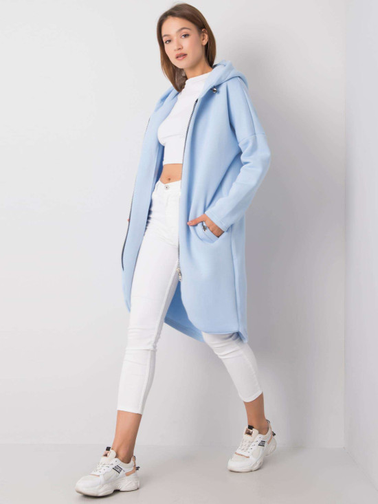 Világoskék hosszú kapucnis cipzáras pulóver