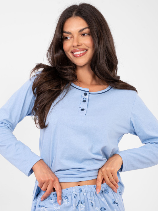 Női pamut pizsama virágmintával, világoskék színű