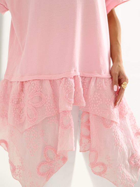 Rózsaszín pamut blúz fodorral és hímzéssel