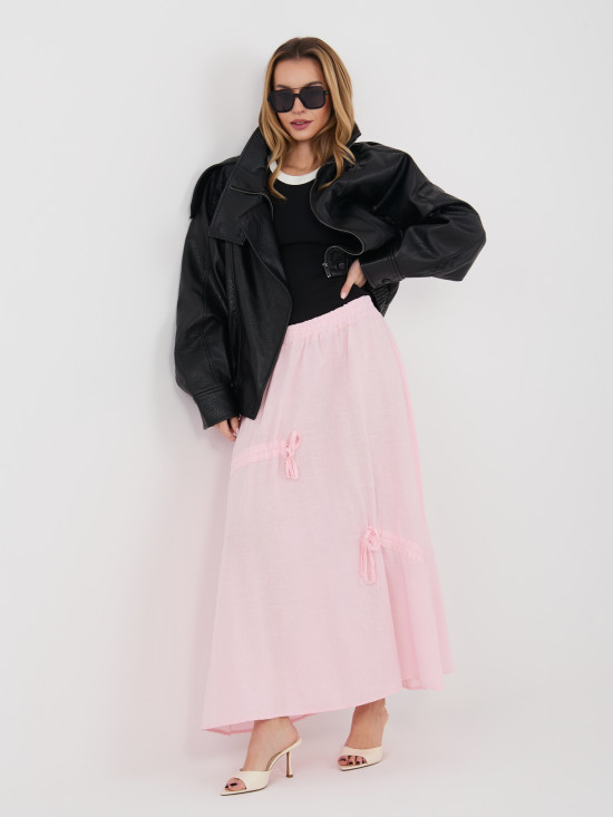 Világos rózsaszínű midi szoknya megkötővel