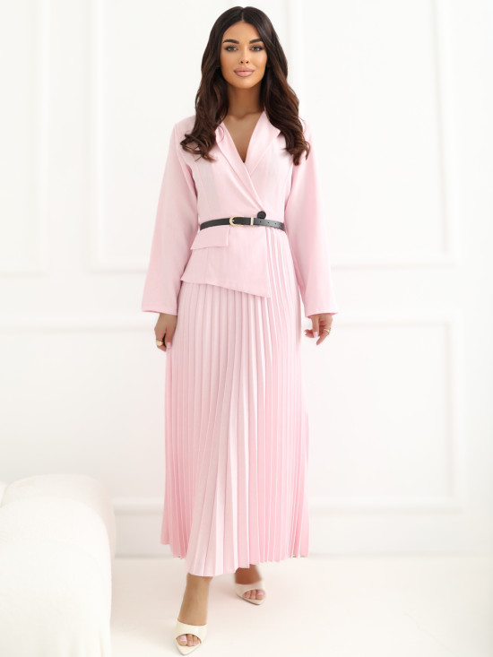 Elegáns bővülő midi ruha övvel és gallérral - rózsaszínű