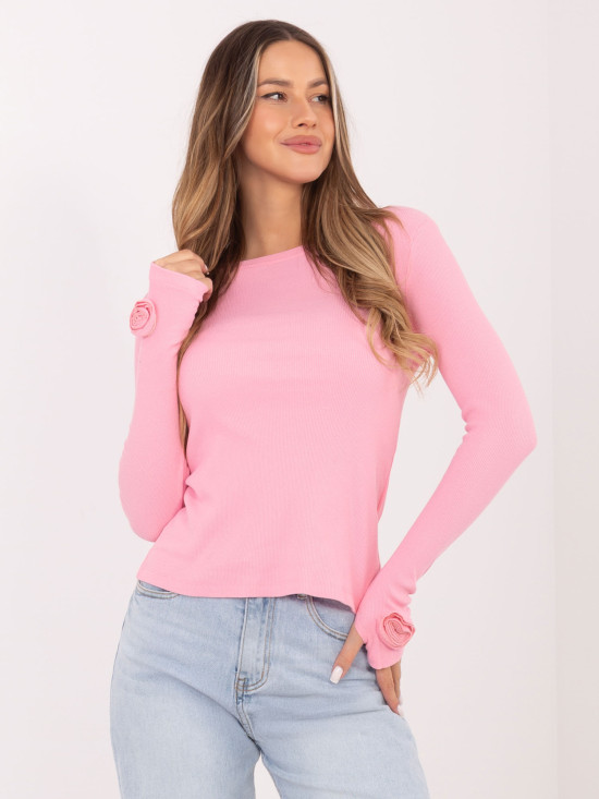 Világos rózsaszínű bordázott hosszú ujjú blúz