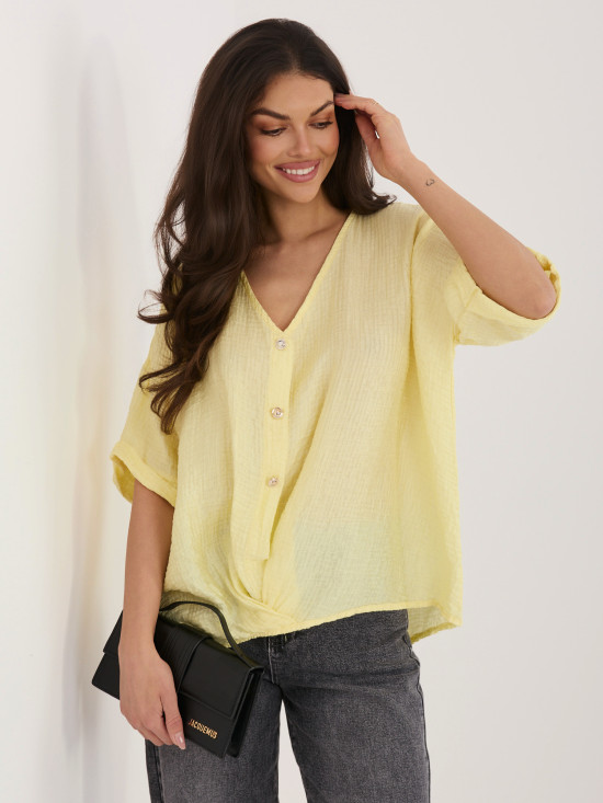 Sárga színű blúz V-nyakkivágással és rövid ujjal
