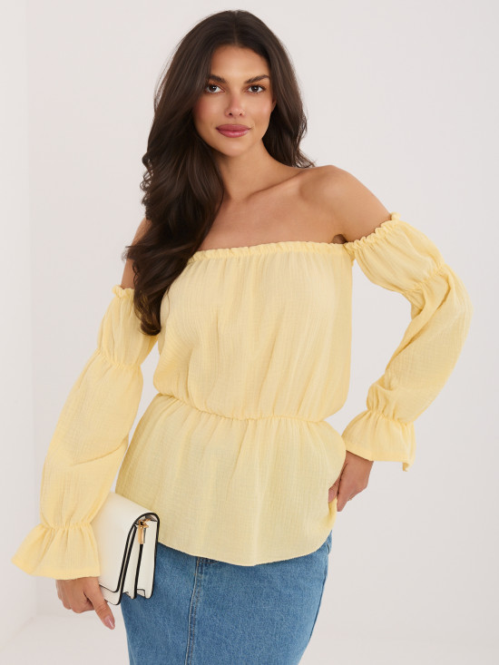 Sárga, váll nélküli blúz puffos ujjal