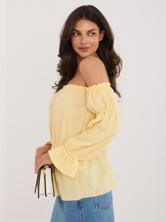 Sárga, váll nélküli blúz puffos ujjal