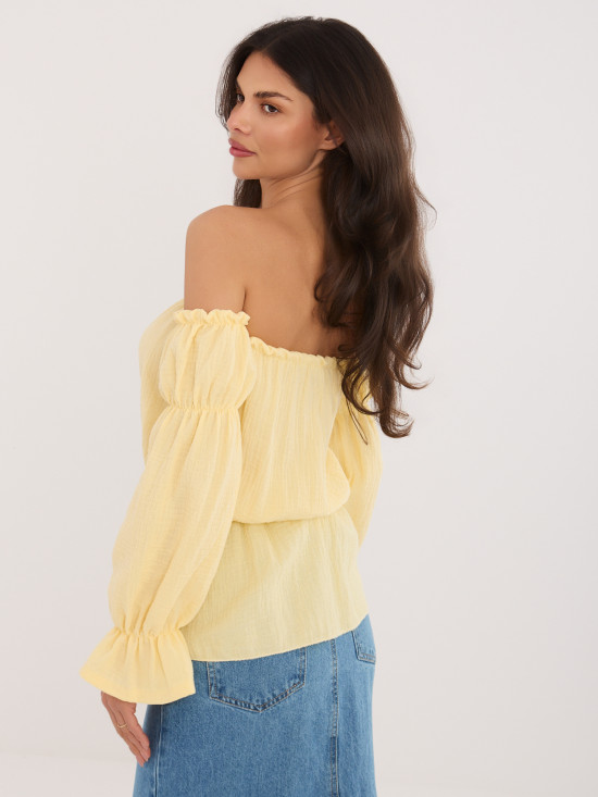 Sárga, váll nélküli blúz puffos ujjal