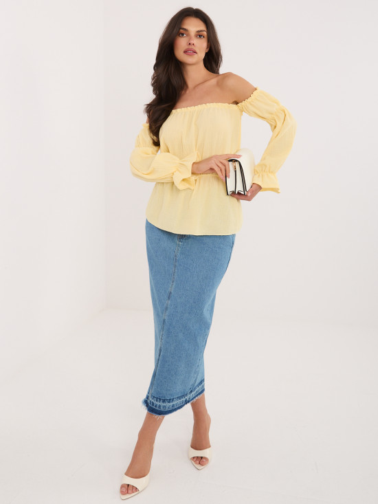 Sárga, váll nélküli blúz puffos ujjal