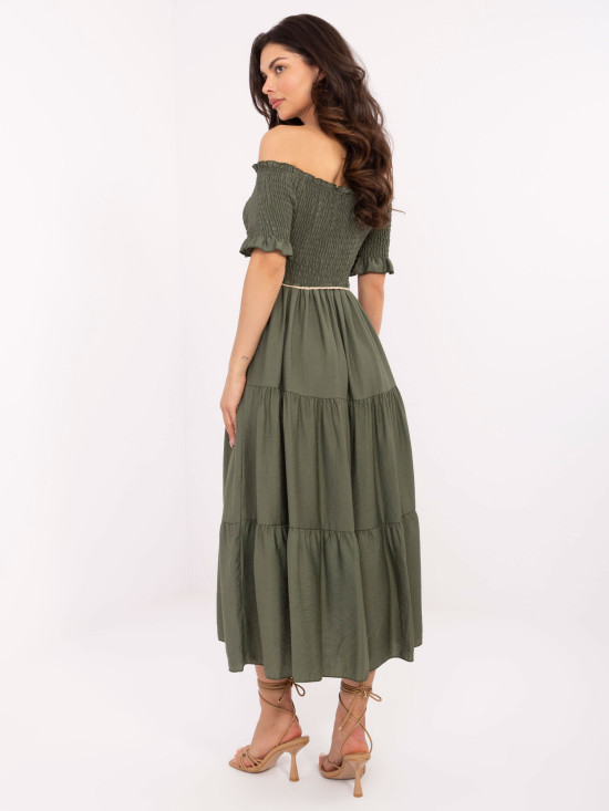 Khaki színű off-shoulder fazonú midi ruha