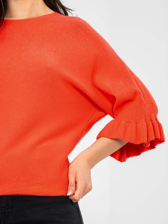 Elegáns korallszínű pulóver 3/4-es ujjal és fodorral
