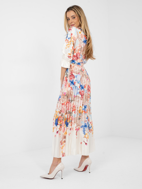 Ekrü színű virágmintás maxi ruha övvel