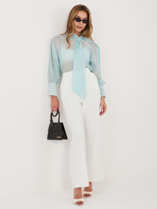 Mentazöld csíkos női ing megkötéssel és puffos ujjal