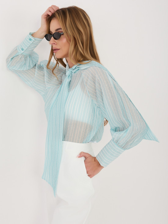 Mentazöld csíkos női ing megkötéssel és puffos ujjal