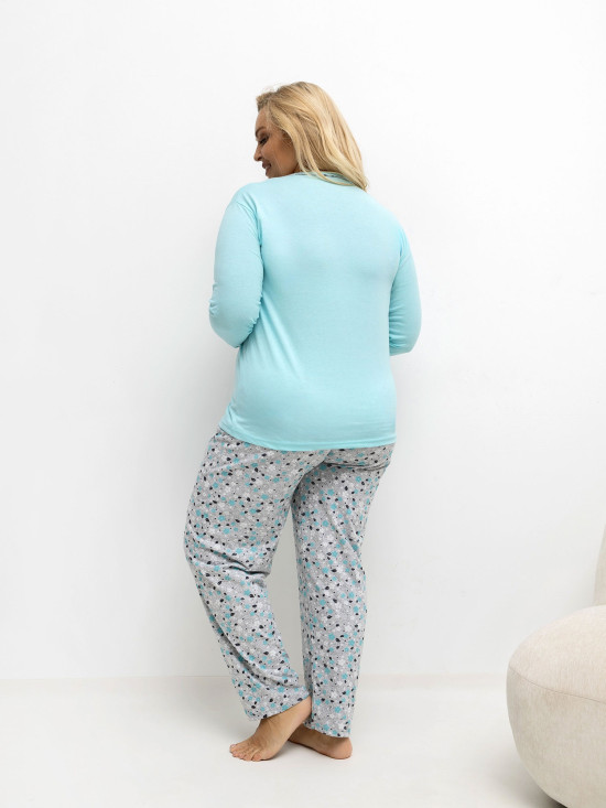 Női pamut pizsama virágmintával és gombokkal, mentazöld