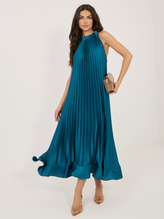 Kék színű midi koktélruha megkötővel és fodorral