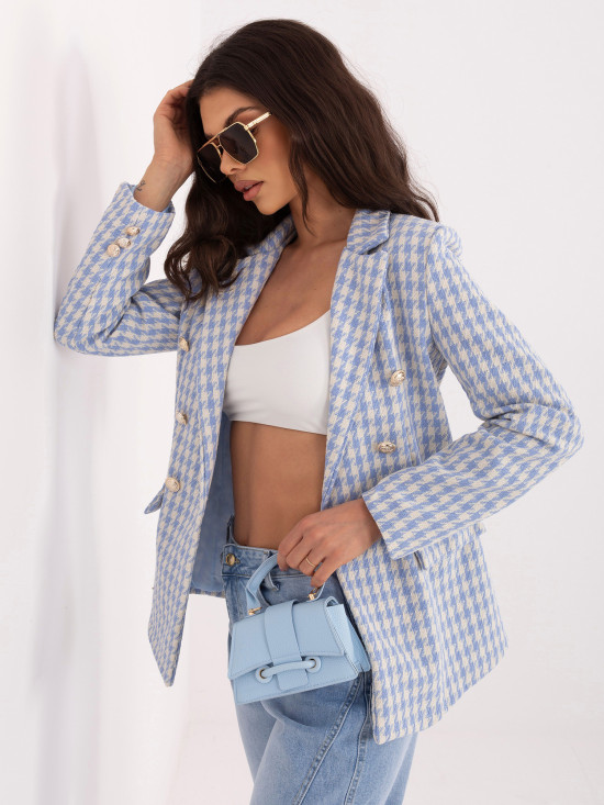 Kék színű pepita mintás blézer béléssel