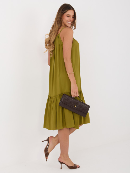 Olívzöld midi ruha fodorral