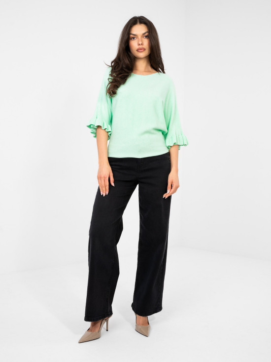 Elegáns mentazöld színű pulóver 3/4-es ujjal és fodorral