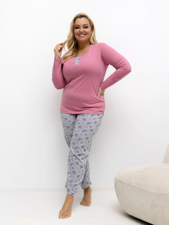 Női pamut pizsama virágos és pöttyös mintával, rózsaszín