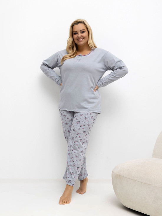 Női szürke pizsama virágos és pöttyös mintával