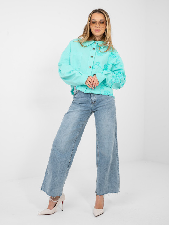 Női türkiz farmerdzseki virágos applikációval