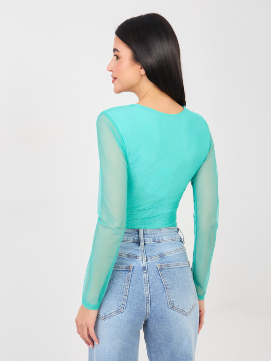 Elegáns türkiz body hosszú ujjal és kerek nyakkivágással