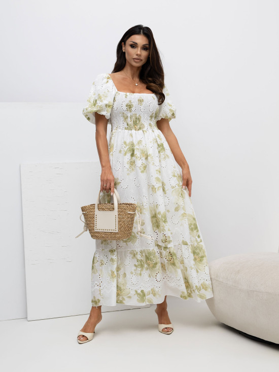 Zöld színű virágmintás ruha puffos ujjakkal