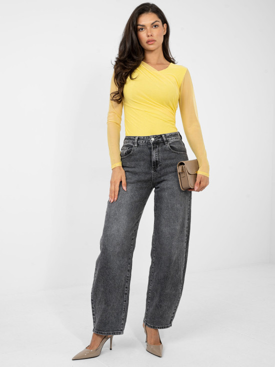 Sárga színű elegáns body hosszú ujjal és kerek nyakkivágással