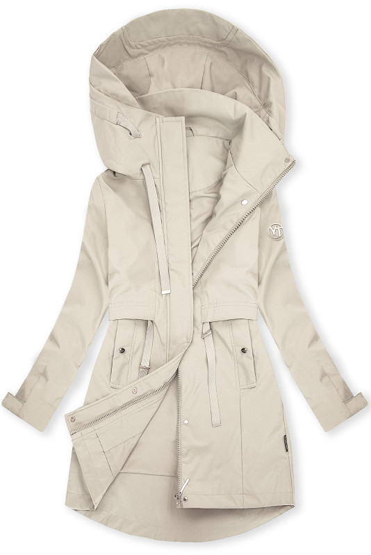 Ekrü színű tavaszi parka nagy kapucnival