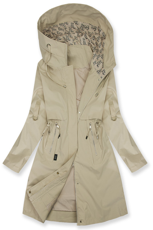 Hosszított parka mintás béléssel a kapucniban - világosbézs színű
