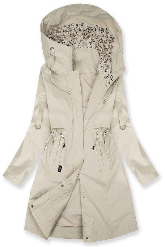 Hosszított parka mintás béléssel a kapucniban - ekrü színű