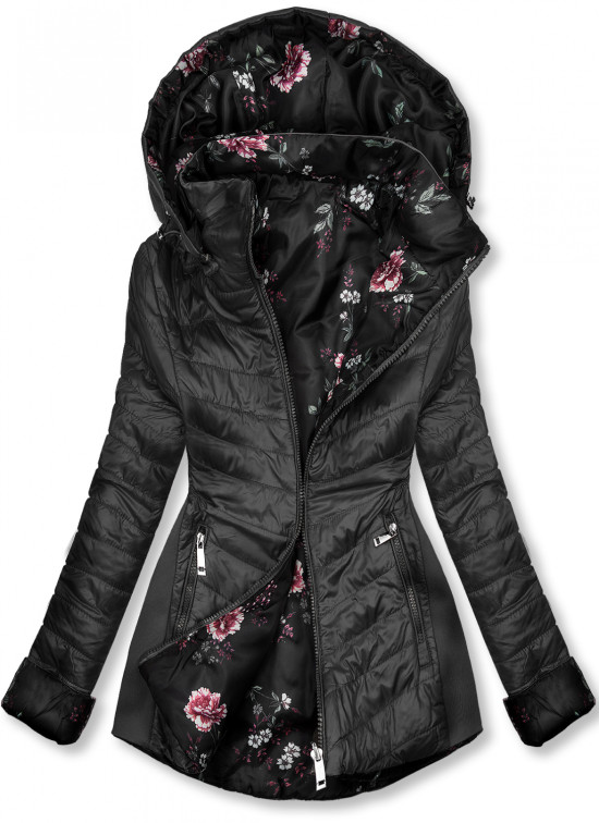 Fekete színű és virágmintás kifordítható kabát