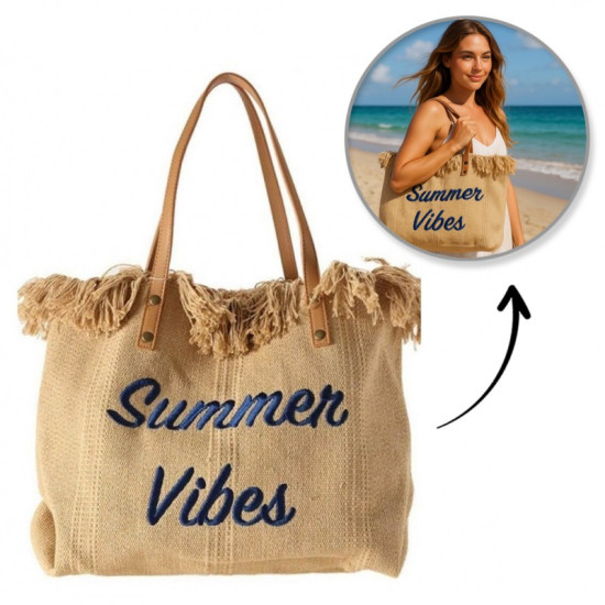 SUMMER VIBES rojtokkal díszített strandtáska, natúr színben
