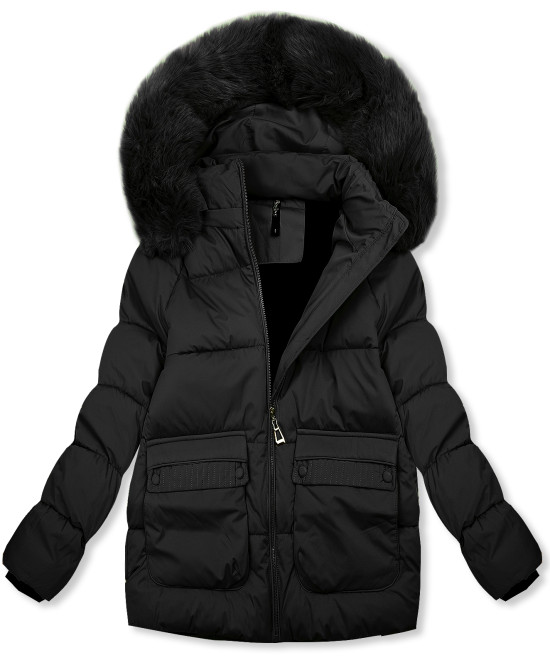 Fekete színű télikabát műszőrmével