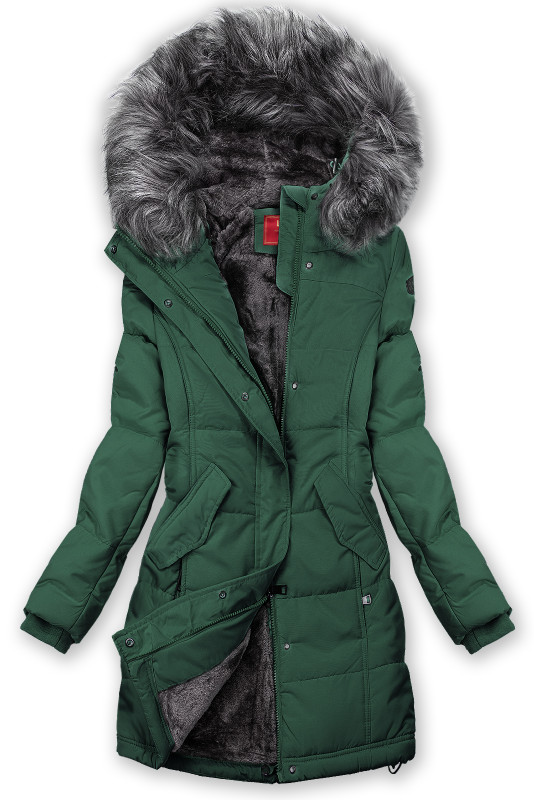 Sötétzöld színű téli kabát szürke plüssel