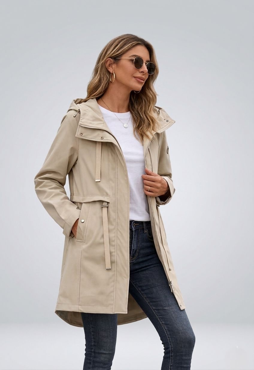Bézs színű tavaszi parka nagy kapucnival